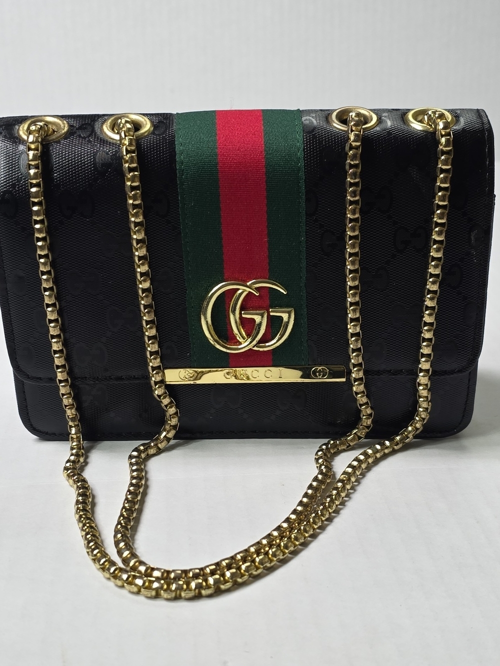 Gucci Black GG Web Small Shoulder Bag with Gold Chain